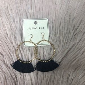 Gold circle dangle earrings black tassel fringe
